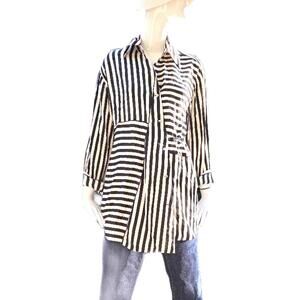 Massimo Dutti Satiny Black and Cream Striped Lounge Jacket/shirt  Lg